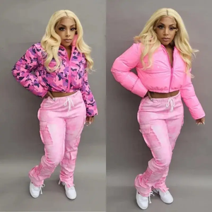 Chaqueta Corta Acolchada con Capucha Rosa, Estilo Informal, Cortavientos, para Invierno, con Forro de Camuflaje, Relleno de Poliéster con Revestimiento de PU - Product Image 5