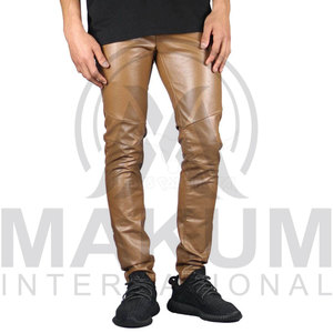 กางเกงหนังสีน้ำตาลทรงสกินนี่เอวยางยืดสไตล์โมโตสำหรับผู้ชาย - Product Image 6