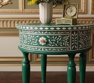 Green Handmade Floral Inlay <b>Round</b> <b>Console</b> <b>Table</b> Traditional Living Room Furniture Antique Style Wooden Leg Base - Product Image 2