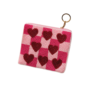 Monedero de ganchillo hecho a mano, diseño de corazones a cuadros rosas, cierre de cremallera, mini, estilo femenino, diseño de amor, monedero personalizado. - Product Image 1
