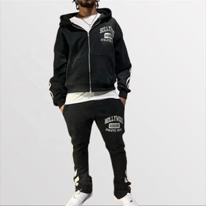 Ensemble de survêtement 2 pièces pour homme en coton, style streetwear imprimé hiver, broderie vieillie, ourlet brut, coupe évasée, sweat à capuche et pantalon de jogging - Product Image 5