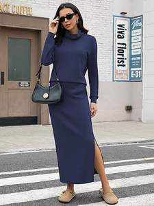 Ensemble jupe 2 pièces pour femme Casly Lamiit, hauts à col roulé, jupe longue, tenues assorties avec poches, vêtements de détente d'automne - Product Image 2