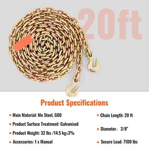Catena di traino e legatura DOT certificata per trasporto merci, limite di carico 7100 libbre, 3/8FT x 20FT, G80, con ganci di aggancio e prodotto per reggiatura - Product Image 5