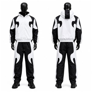 Sudadera con Capucha para Hombre, Estilo Deportivo, con Bloques de Color Blanco y Negro, Estampado Completo, Lavado Ácido, Resistente al Viento, con Cierre de Cordón - Product Image 1