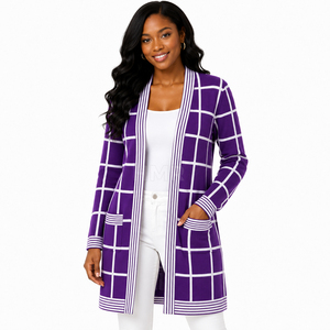 HMR Sisterhood Sorority Acrylic <b>Purple</b> Plaid Knitted Long <b>Cardigan</b> Anti Pilling Office <b>Cardigan</b> Design - Product Image 1