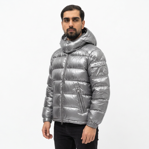 Men's <b>Silver</b> Hooded Puffer <b>Jacket</b> Breathable Windproof Zipper Closure Regular Length 220g Polyester Wadding Filled Casual Winter - Product Image 2