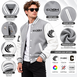 Veste varsity pour homme, couleur gris, blocs de couleurs, manches blanches, boutons pression, col montant, imprimé lettres, style décontracté - Product Image 6