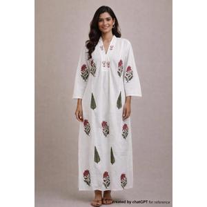 Vestido Maxi de Algodón Boho para Mujer, Color Blanco, Estampado a Mano con Motivos Florales Rojos y Diseño de Hojas Tradicionales - Product Image 1