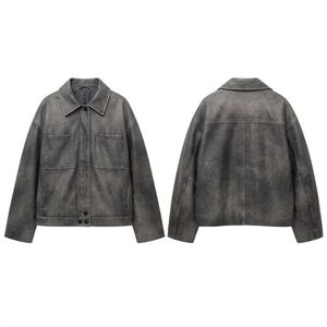 Charcoal <b>Grey</b> Washed PU Women Leather <b>Jacket</b> Distressed Retro High Quality Fold Collar Loose Relaxed Sleeves Womens Coats - Product Image 3