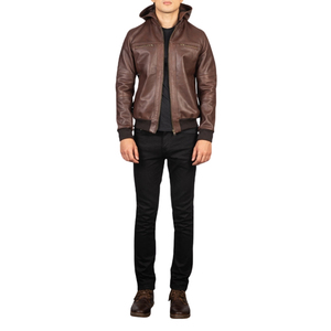 Blouson bomber pour homme en cuir PU marron à capuche, fermeture éclair, col montant, coupe slim, décontracté - Product Image 1