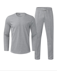 Men's Gray Long Sleeve T-Shirt Pants Set Crew Neck Solid Color Casual Knitted Breathable Cotton Bamboo Fiber Front Autumn Wear - Product Image 2