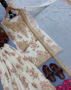 <b>White</b> Heavy Faux Georgette Floral 3mm Embroidery Patiyala <b>Suit</b> Set with Dupatta for <b>Women</b> Formal Style <b>Wedding</b> & Party Occasions - Product Image 5
