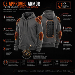 SAMROZ SPORTS Men's Streetguard Riding Hoodie - Aramid Reinforced with CE Shoulder and Elbow Armor - Black - Product Image 3