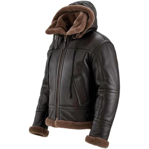 <b>Men's</b> Black Genuine Leather Hooded <b>Jacket</b> Sherpa Fur Lined Zip Up Winter Bomber Coat Winter Bomber <b>Flight</b> <b>Jacket</b> - Product Image 2