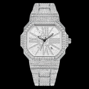 Reloj de Pulsera de Lujo con Caja Cuadrada de Acero Inoxidable, Movimiento Automático de Cuarzo, Esfera Plateada con Cristales de Zafiro, Detalles de Diamantes y Números Azules - Product Image 1