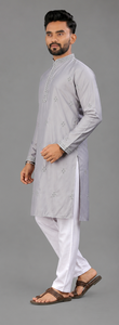 Conjunto de Kurta Pathani Largo Bordado en Seda para Hombre, Color Gris Claro, Ropa Tradicional India y Pakistaní para Bodas, Fiestas y Diwali - Product Image 4