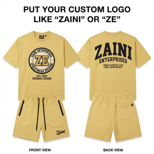 เสื้อยืดและกางเกงขาสั้นชุดเซ็ตผ้าเฟรนช์เทอร์รี่โพลีเอสเตอร์ 100% พรีเมียม 420 GSM สำหรับผู้ชาย ใส่สบายๆ ในฤดูร้อน สีเบจ น้ำหนักมาก โลโก้ปั๊มนูน รับผลิตแบบ OEM ODM - Product Image 1