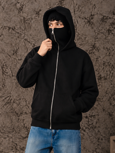 Custom <b>Men's</b> Double Balaclava Hoodie Polyester Cotton Full Zip Streetwear Jacket Casual Style With Attached <b>Face</b> Cover And Cuffs - Product Image 3
