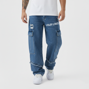 Vaqueros holgados lavados estilo americano con efecto desgastado y múltiples bolsillos, pantalones de trabajo de mezclilla para hombre y mujer, estilo boyfriend. - Product Image 1