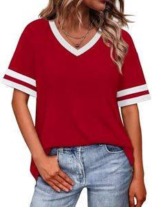 Camiseta de Mujer Roja con Cuello en V, Manga Corta, Tejida, Color Sólido, Corte Holgado, Casual, con Ribete a Rayas, Estilo Primavera-Verano 2026 - Product Image 5