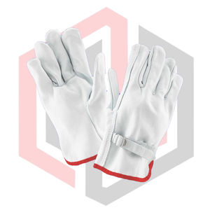 Guantes de seguridad para conductor de cuero granulado de vaca con correa, resistentes al desgarro, transpirables, antideslizantes, sin silicona, blancos con detalles rojos - Product Image 1