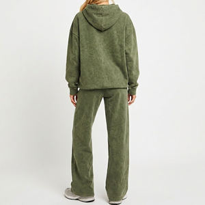 Conjunto de Sudadera con Capucha y Pantalones Jogger de Forro Polar Verde Oliva para Mujer, de Moda, Ajuste Holgado, Casual, de Dos Piezas, Manga Larga, Color Sólido - Product Image 3
