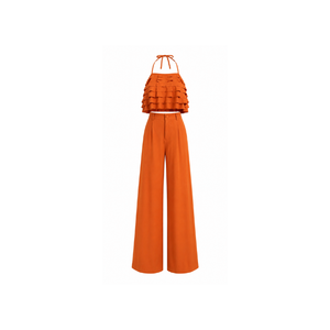 Women's Long Two-Piece Long Set with Turn Down Collar And Trim Detail Casual Wear Breathable Women's Wholesale Yellow Co-<b>red</b> Set - Product Image 4