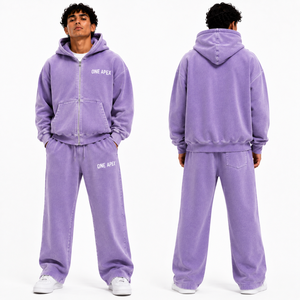 Custom Men Lavender Oversized <b>Full</b> <b>Zip</b> <b>Hoodie</b> Tracksuit 100% Cotton Heavyweight Open Bottom Sweat Suit OEM ODM Streetwear - Product Image 5