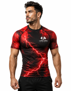 <b>Men's</b> Red Lightning <b>Compression</b> <b>Shirt</b> Short Sleeve Rash Guard Gym Fitness Workout Athletic Base Layer Performance Sportswear Tee - Product Image 2