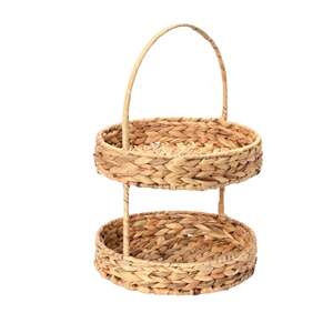 Bandeja Artesanal de 2 Niveles de Jacinto de Agua con Borde Festoneado, Soporte Redondo Rústico Ecológico de Dos Niveles, Organizador Decorativo de Mesa, Vietnam - Product Image 4