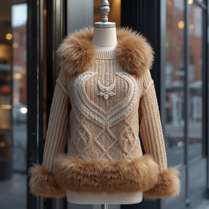 Computer Knitted Faux <b>Fur</b> Trim Women Sweater Fashion Knitwear with OEM ODM Customization - Product Image 4