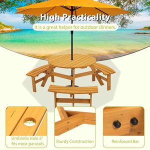 Table de pique-nique circulaire en bois pour 6 personnes avec 3 bancs intégrés, capacité de 1720 lb, pour patio, jardin, bricolage - Product Image 5