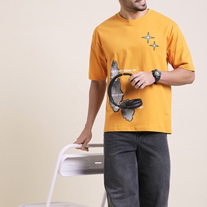 Camiseta de Algodón para Hombre, 180 GSM, Estampado Gráfico de Estrellas, Cuello Redondo, Amarillo, Estilo Urbano, Talla Grande, Fabricante de Ropa - Product Image 6