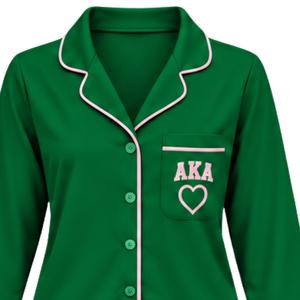 Ensemble de pyjama brodé vert 1908 pour femme avec chemise de nuit boutonnée à bordure contrastante rose et pantalon long confortable assorti - Product Image 6
