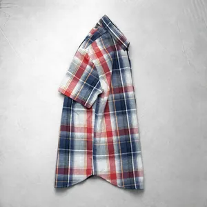 Wholesale Custom <b>Mens</b> Red Blue White Plaid <b>Check</b> Casual <b>Shirt</b> <b>Short</b> <b>Sleeve</b> Chest Pocket Yarn Dyed <b>Check</b> <b>Shirt</b> Plain No Logo - Product Image 4