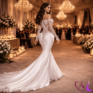 Robe de mariée sirène en dentelle blanche |   Robe de mariée élégante à épaules dénudées, manches longues, design corset ajusté, longueur ras du sol - Product Image 5