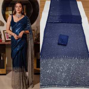 Sari indio elegante de georgette azul con bordado de encaje, estilo tradicional étnico de Bollywood para mujer. - Product Image 6