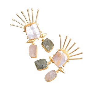 Boucles d'oreilles pendantes en laiton tendance, exportation, perles, pierres organiques, plaqué or haute brillance, sans nickel, durables, parfaites - Product Image 6