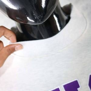 <b>White</b> Mock Neck <b>Sweatshirt</b> with Large Purple Front Lettering Straight Cut Long Sleeves Rib Cuffs and Hem Private Label Apparel - Product Image 3