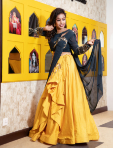 Elegant Women's 2 Piece Set Yellow/bLUE Lehenga Choli With Embroidered <b>Top</b> Full Sleeve Slash Neck Spring Summer - Product Image 3