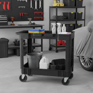 Utility Cart Double Tier Plastic <b>Storage</b> Rack with Wheels for Garage <b>Workshop</b> Tools Rectangle Standing PP Material GAPGAR001 - Product Image 5