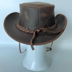 Brown Leather <b>Cowboy</b> Hat Vintage Wide Brim Braided Band Chin Strap Unisex Outdoor Fedora - Product Image 1