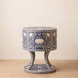 Premium Blue Bone Inlay Lotus Floral Nightstand with 2 <b>Drawers</b> Round Bedroom <b>Side</b> <b>Table</b> Handmade Luxury Bedroom <b>Table</b> - Product Image 4