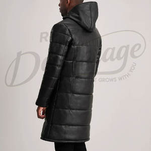 Abrigo Largo de Cuero para Hombre, Color Negro, con Capucha Desmontable, Acolchado, para Invierno, Cálido, con Relleno, Largo hasta la Rodilla, Parka Cortavientos - Product Image 2