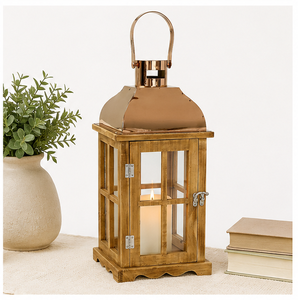 Farol de Madera Estilo Rústico con Tapa Metálica en Oro Rosa, Portavelas Decorativo para Bodas y Decoración del Hogar y Jardín, Venta al Por Mayor - Product Image 5