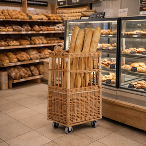 Factory Price Rattan Basket With Wheels, Custom Hand-Woven Supermarket Bread Merchandise Display <b>Trolley</b>, Eco-Friendly Vietnam - Product Image 6