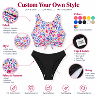 Baju Renang Wanita Motif Bunga Kerah Bulat Model Crop High Cut Bikini High Neck Tankini dengan Ikat Depan