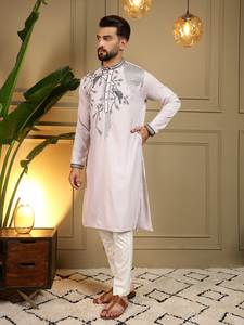Kurta Pajama de Seda para Hombre, Estilo Tradicional, Largo hasta la Rodilla, de Alta Calidad, Cosido, para Uso Casual, Bodas y Fiestas - Product Image 3