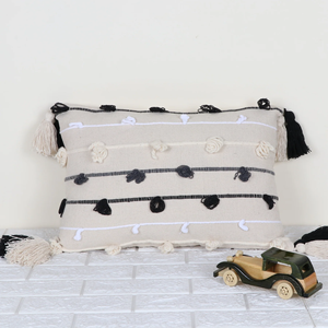 Hand Loom Woven Off <b>White</b> and Black Chunky Loop Stripe Tassel Boho Cushion Cover Textured Decorative <b>Pillow</b> <b>Case</b> for Home Decor - Product Image 1