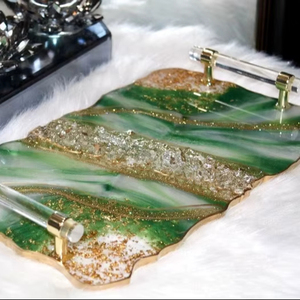 Handmade Emerald Green Glitter Resin <b>Tray</b>: Gold Handle <b>Vanity</b> <b>Tray</b> - Product Image 1